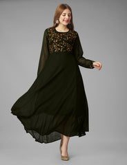 SalwarLove Elegant Flow | Fully Stitched Gown | Embroidered Yoke | Party-Perfect-Mehendi