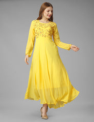 SalwarLove Embroidered Georgette Gown.Elegant Flow | Fully Stitched | Embroidered Yoke | Party-Perfect -Yellow