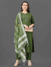SalvarLove Sophisticated Cotton Suit Set with Embroidered Neckline-Mhendi