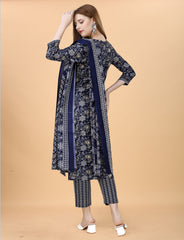 SalwarLove  Fully Stitched Cotton Blend Kurta, Pant & Dupatta Set | Color: Navy blue