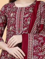 SalwarLove Fully Stitched Cotton Blend Kurta, Pant & Dupatta Set | Color: Maroon