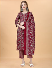 SalwarLove Fully Stitched Cotton Blend Kurta, Pant & Dupatta Set | Color: Maroon