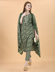 Fully Stitched Cotton Blend Kurta, Pant & Dupatta Set | Color: Green