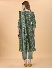 Fully Stitched Cotton Blend Kurta, Pant & Dupatta Set | Color: Green