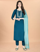 SalwarLove Fully Stitched Cotton Blend Kurta, Pant & Chanderi Dupatta | Subtle Embroidered Style-Indigo