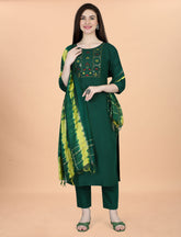 SalwarLove  Embroidered Cotton Blend Suit Set with Tie-Dye Dupatta-Green