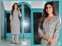 SalwarLove Grey Muse: Foil Print Kurta Set with Mirror Sparkle.