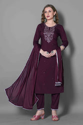 SalwarLove Regal Charm – Purple Silk Suit with Dupatta. Elegant Flow | Fully Stitched | Embroidered Yoke | Fastive-Perfect