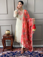 SalwarLove Royal Radiance: Cream Salwar Suit with Printed Red Dupatta.