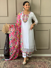 SalwarLove Women's Off White Chanderi with Cotton Lining Embroidered Straight Kurta with Chanderi Silk Pant And Crep Silk Printed Dupatta Sets.