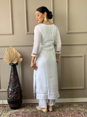 SalwarLove Women's Off White Chanderi with Cotton Lining Embroidered Straight Kurta with Chanderi Silk Pant And Crep Silk Printed Dupatta Sets.