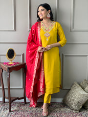 SalwarLove Women's Mustard Chanderi With full Cotton Lining Embroidered Straight Kurta with Chanderi Pant And Viscose Jacquard Dupatta Sets.