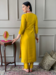 SalwarLove Women's Mustard Chanderi With full Cotton Lining Embroidered Straight Kurta with Chanderi Pant And Viscose Jacquard Dupatta Sets.