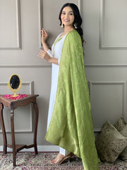 SalwarLove Women's Off White viscose blend  with  Embroidered Straight Kurta with Viscose blend  Pant And viscose Jacquard   Dupatta Sets.