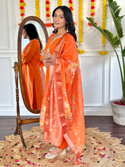 SalwarLove Women's Orange Viscose Chanderi with Lining Embroidered Straight Kurta with Viscose Chanderi Pant And Jacquard Silk Printed Dupatta Sets.