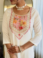 SalwarLove Women's Off White Rayon with Inner Embroidered Straight Kurta with Rayon Pant And Silk Chiffon Laced Dupatta Sets.