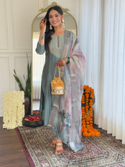 SalwarLove Women's Pista BSY Viscose Embroidered Straight Kurta with BSY Viscose Pant And Organza Printed Dupatta Sets.