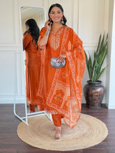 Salwarlove Women's BSY Viscose Embroidered Straight Kurta with BSY Viscose Pant And Taby Printed Dupatta Sets-Orange.