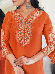 Salwarlove Women's BSY Viscose Embroidered Straight Kurta with BSY Viscose Pant And Taby Printed Dupatta Sets-Orange.
