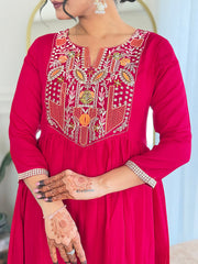 SalwarLove Women's Red Vichitra Silk Embroidered Flared Kurta with Rayon Pant And Chinon Embroidered Dupatta Sets-Pink