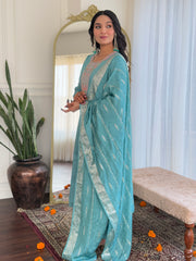 SAlwarLove Women's Sky Chanderi Embroidered Straight Kurta with Chanderi Pant And Viscose Jacquard Printed Dupatta Sets-Sky.