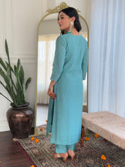 SAlwarLove Women's Sky Chanderi Embroidered Straight Kurta with Chanderi Pant And Viscose Jacquard Printed Dupatta Sets-Sky.