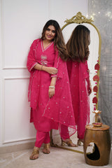 Salwar Love Sunset Radiance: Elegant Rani Chanderi Embroidered Suit Set with Organza Dupatta