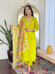 SalwarLove Women's Lime Green Embroidered Viscose Chanderi Straight Kurta Set with Floral Jacquard Dupatta.