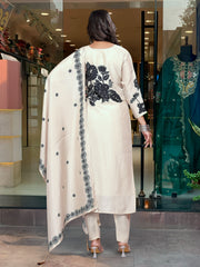 Salwar Love Minimalist Chic: Cream Cotton Kurta Set with Intricate Black Floral Embroidery and Coordinated Dupatta Off White.