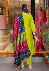 SawarLove Charming Green Kurta Set with Multicolor Bandhani Dupatta.