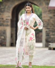 SalwarLove Elegant Off-White Floral Printed Suit with Embroidered Detailing and Roman Silk Bottom
