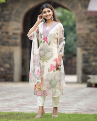 SalwarLove Elegant Off-White Floral Printed Suit with Embroidered Detailing and Roman Silk Bottom