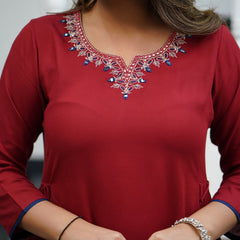 SalwarLove Rich Maroon Viscose Chanderi Salwar Suit Set with Heavy Patterned Dupatta .