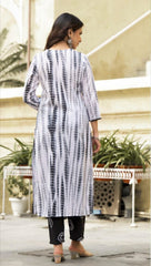 SalwarLove Fully Stitched Printed Cotton Kurta, Pant & Dupatta Set | Color: Black & White