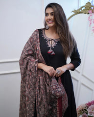 SalwarLove Designer Black Embroidered Straight Kurta Set for Women with Wide-Leg Palazzo Pants and Digital Print Chanderi Dupatta .