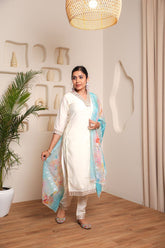 SalwrLove V-Neck Chanderi Embroidered Kurta Set with Stylish Dupatta White.