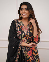 SalwarLove Elegant Black Floral Printed Embroidered Kurti Set – Pure Russian Silk Kurta with Chanderi Bottom & Dupatta.