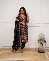 SalwarLove Elegant Black Floral Printed Embroidered Kurti Set – Pure Russian Silk Kurta with Chanderi Bottom & Dupatta.