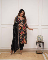 SalwarLove Elegant Black Floral Printed Embroidered Kurti Set – Pure Russian Silk Kurta with Chanderi Bottom & Dupatta.
