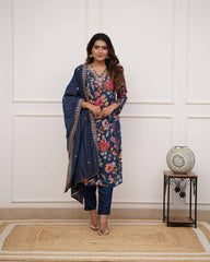 SalwarLove Designer Petrol Ethnic Suit Set for Women – Russian Silk Kurti with Floral Print and Chanderi Dupatta