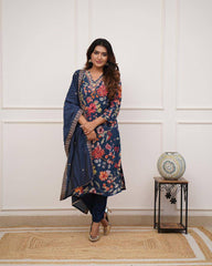 SalwarLove Designer Petrol Ethnic Suit Set for Women – Russian Silk Kurti with Floral Print and Chanderi Dupatta