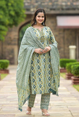 SalearLove Fully Stitched Cotton Kurta, Pant & Dupatta Set | Embroidered & Printed | Ready to Wear-2915 Green