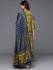 SalwarLove Fully Stitched Cotton Blend Kurta, Pant & Dupatta Set | Embroidered & Printed | Ready to Wear-Yellow/Blue