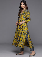 SalwarLove Fully Stitched Cotton Blend Kurta, Pant & Dupatta Set | Embroidered & Printed | Ready to Wear-Yellow/Blue