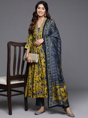 SalwarLove Fully Stitched Cotton Blend Kurta, Pant & Dupatta Set | Embroidered & Printed | Ready to Wear-Yellow/Blue