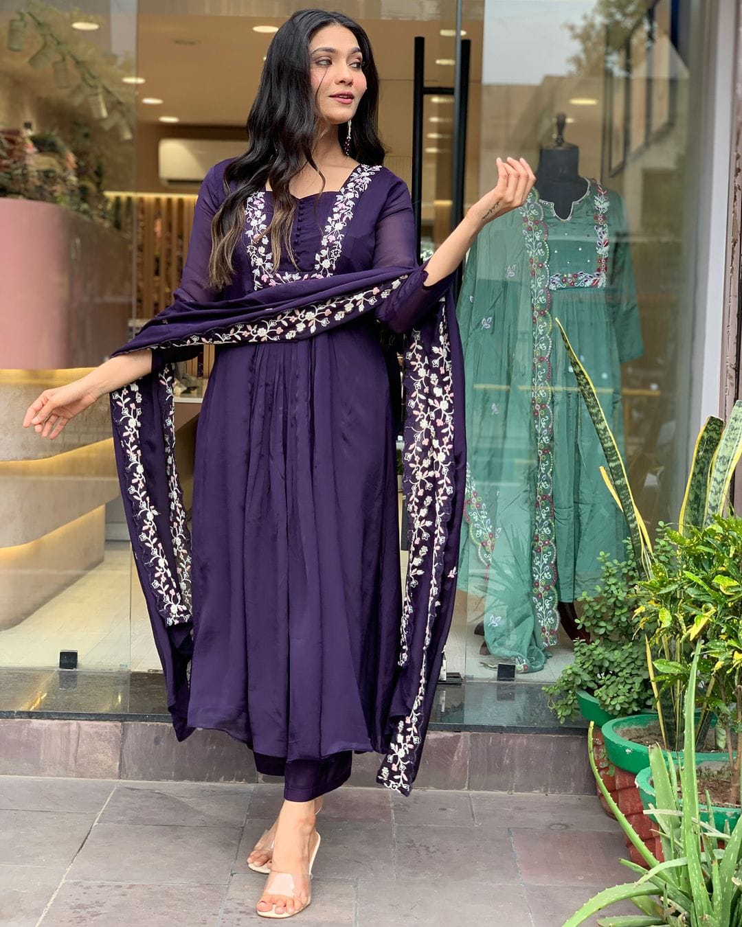 SalwarLove Purple Charm: Anarkali Kurti with Floral Embroidery.