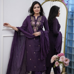 SalwarLove Graceful Purple Embroidered Kurti with Pant & Dupatta.