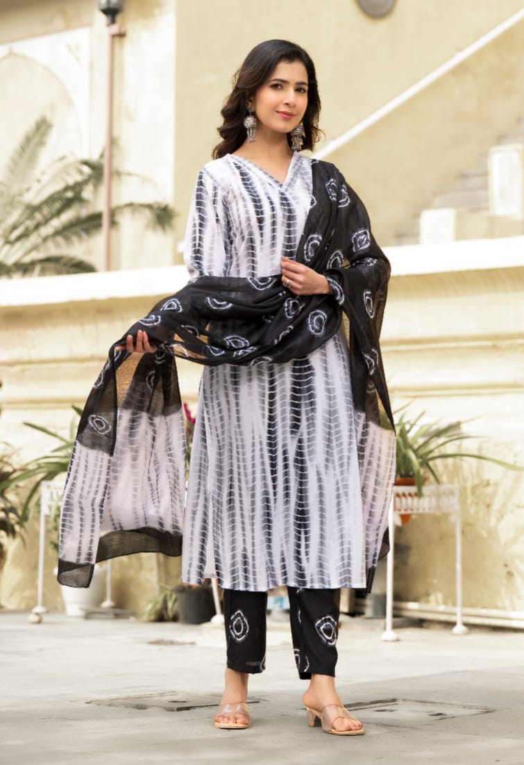 SalwarLove Fully Stitched Printed Cotton Kurta, Pant & Dupatta Set | Color: Black & White