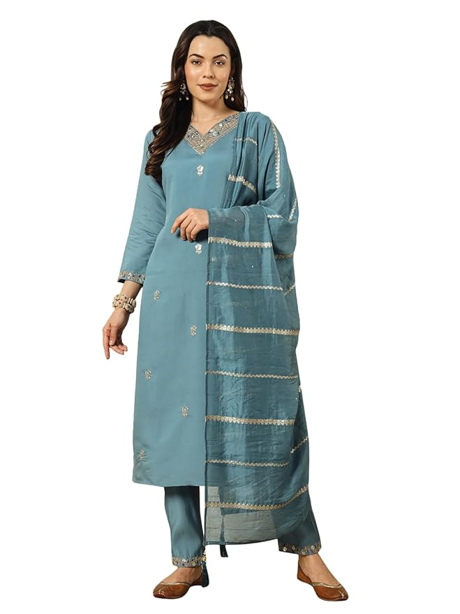 SalwarLove Sky Blue Embroidered Chanderi Suit Set for Women.