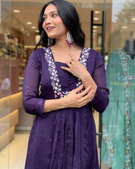 SalwarLove Purple Charm: Anarkali Kurti with Floral Embroidery.